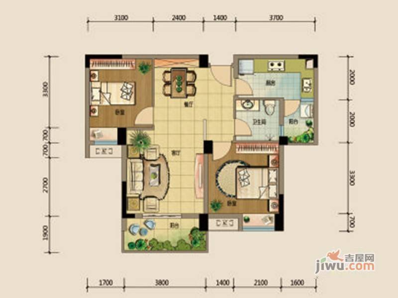 御景华府e户型图|御景华府2房2厅2卫户型图_蔡甸御景华府