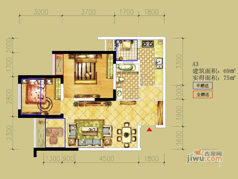 时光俊园1号楼四批次a3户型图2室2厅1卫1厨户型图