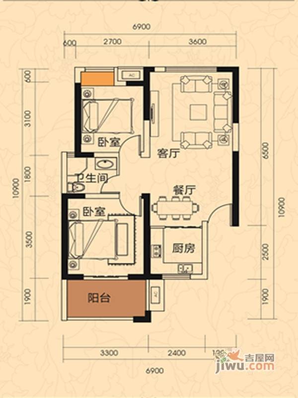 雅士林欣城g21栋09户型2室2厅1卫1厨