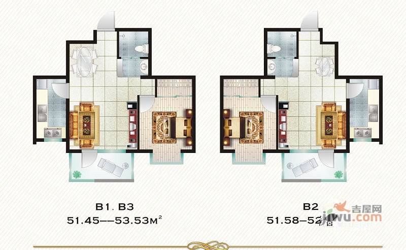 山海明圣1室2厅1卫51.5㎡户型图