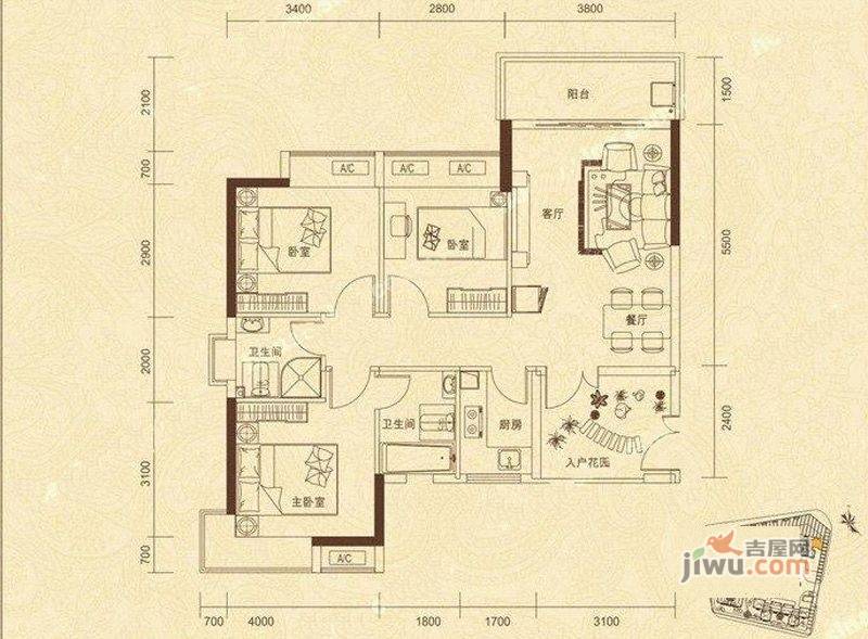 永盛1号3室1厅2卫91㎡户型图