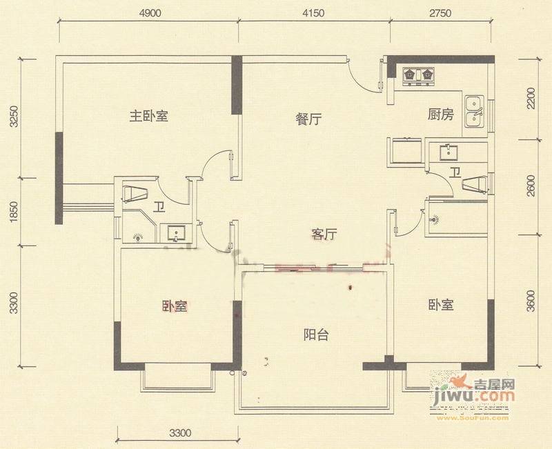 外滩一品3室2厅2卫107㎡户型图