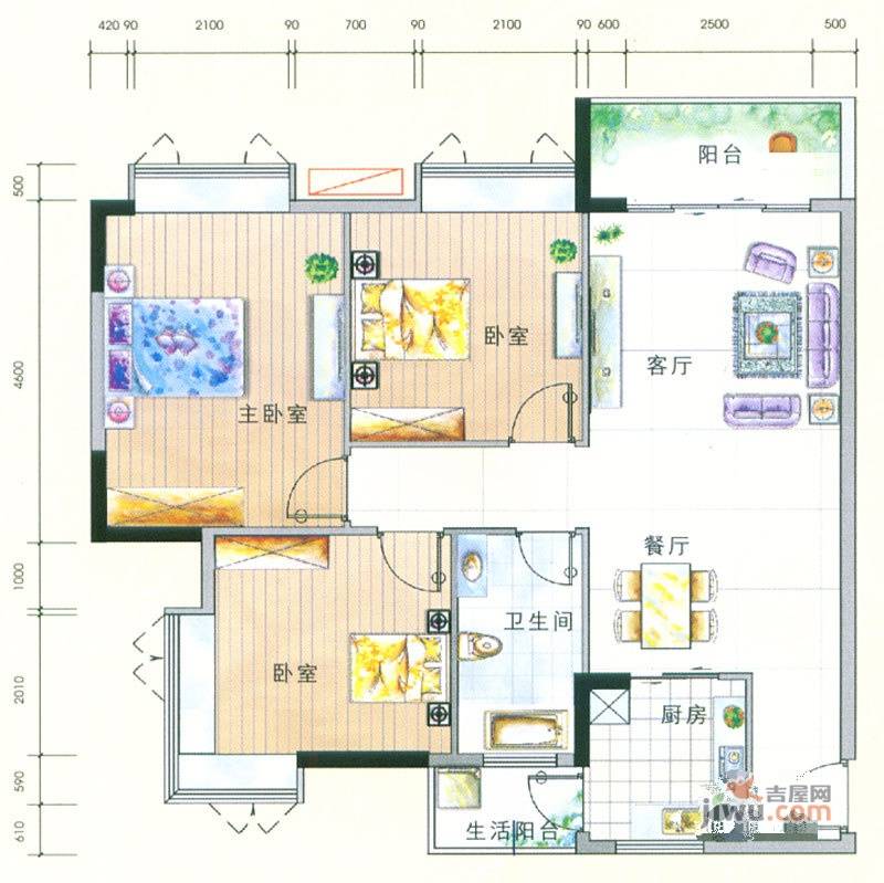 城蕊首府3室2厅1卫98㎡户型图