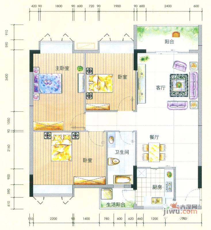 城蕊首府3室2厅1卫99㎡户型图