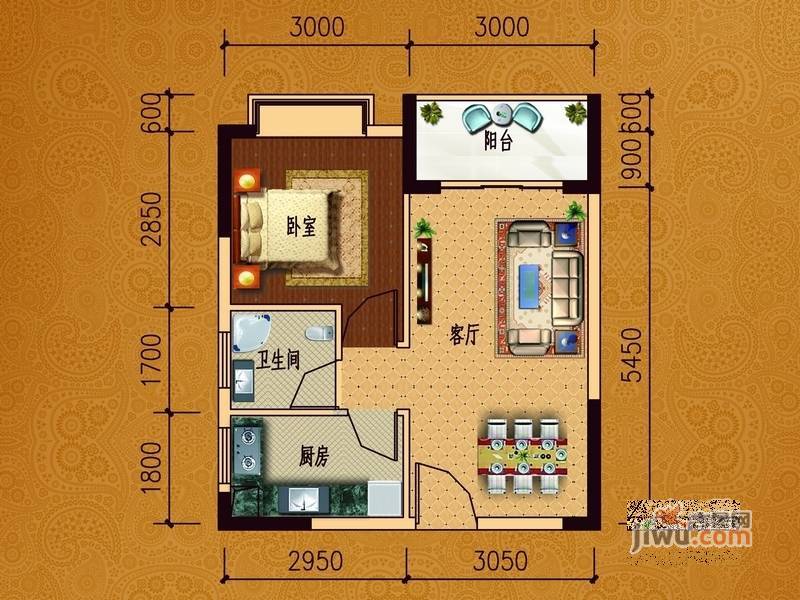 中惠香樟半岛1室2厅1卫48㎡户型图