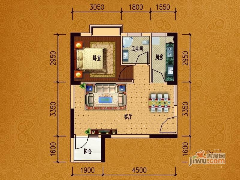 中惠香樟半岛1室2厅1卫53㎡户型图