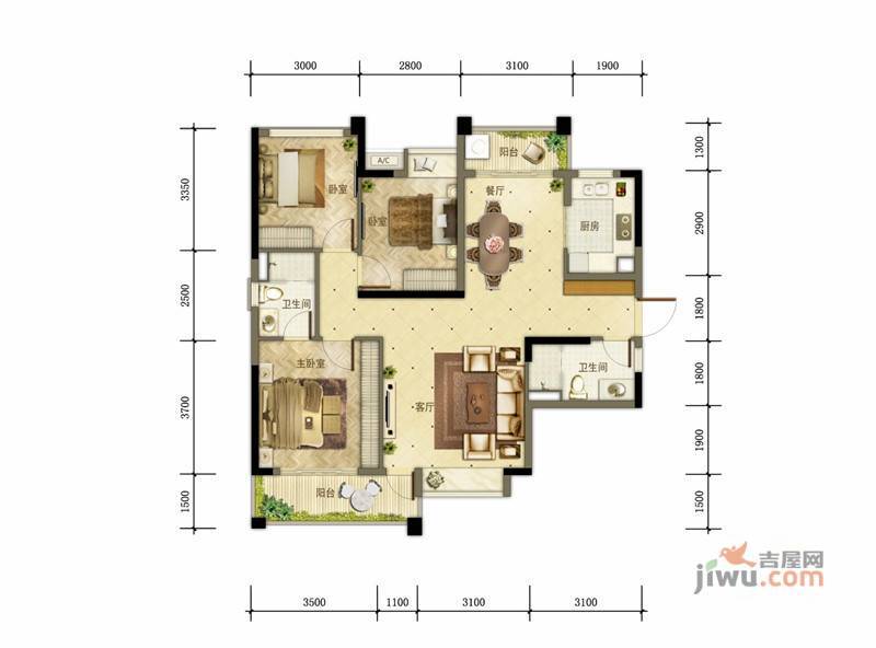 君珆花园3室2厅2卫110㎡户型图