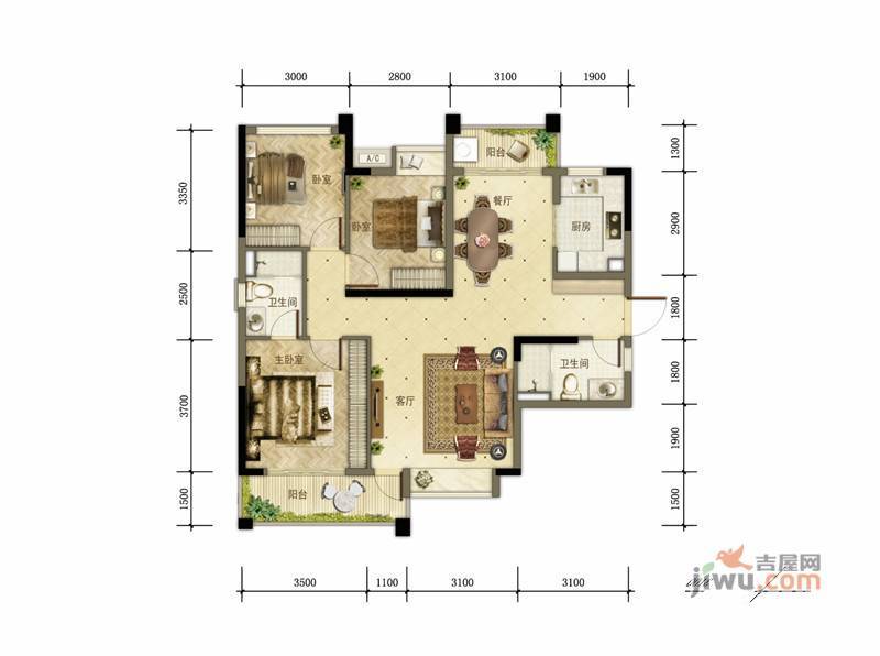 君珆花园3室2厅2卫108㎡户型图