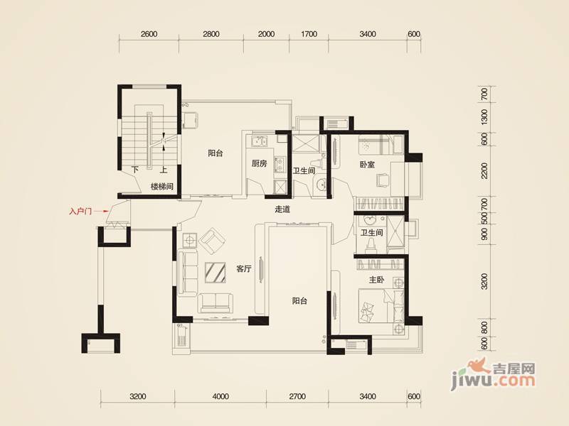 新世纪星城海涛居2室1厅2卫108㎡户型图