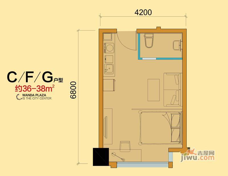 东城万达广场1室1厅1卫37㎡户型图