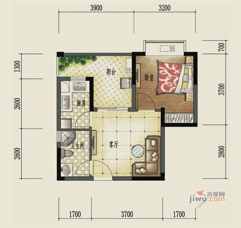 龙光城1室1厅1卫44.8㎡户型图