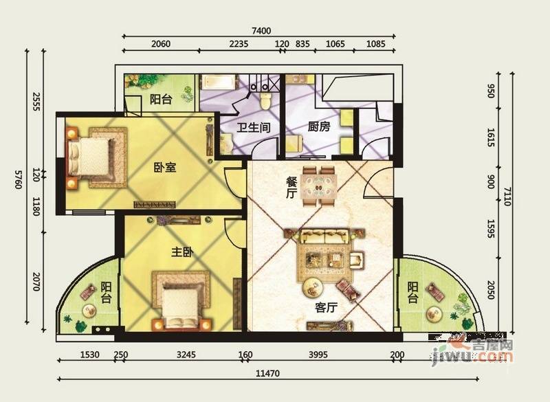 德明合立方2室2厅1卫75㎡户型图