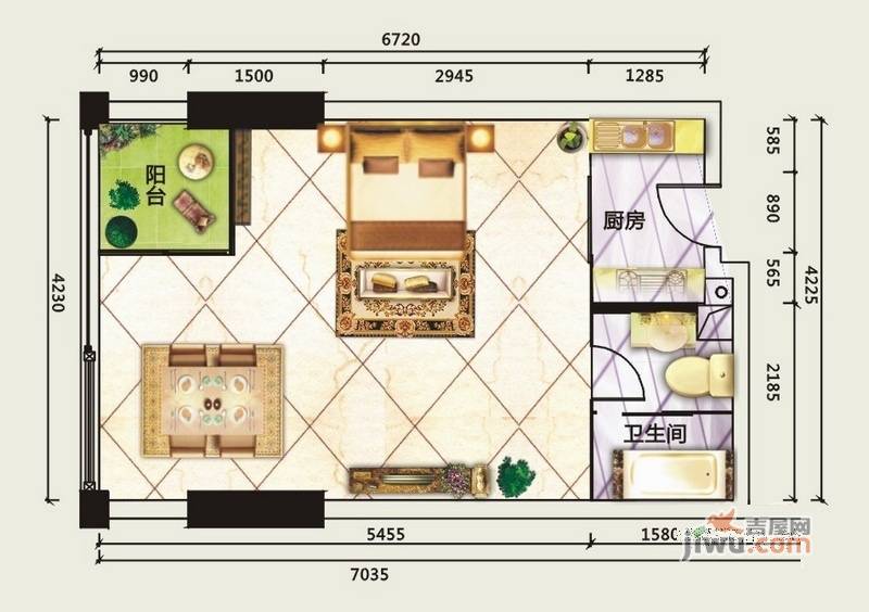 德明合立方1室1厅1卫37.7㎡户型图