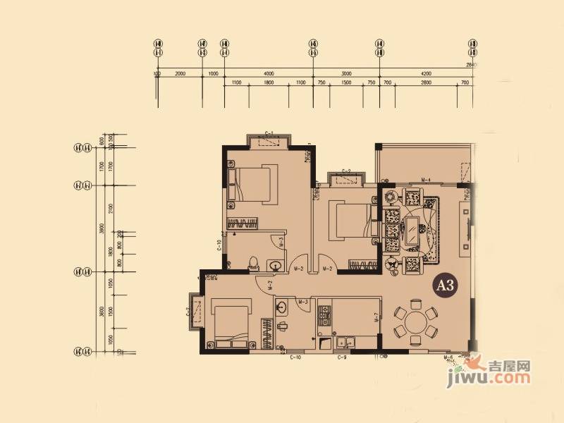 海富豪庭3室2厅2卫126.9㎡户型图