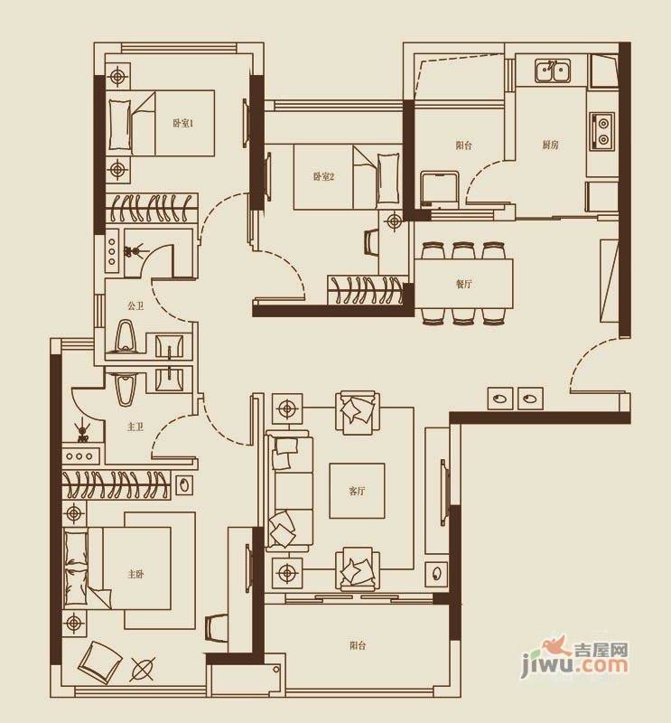 海伦堡爱Me城市3室2厅2卫105.3㎡户型图