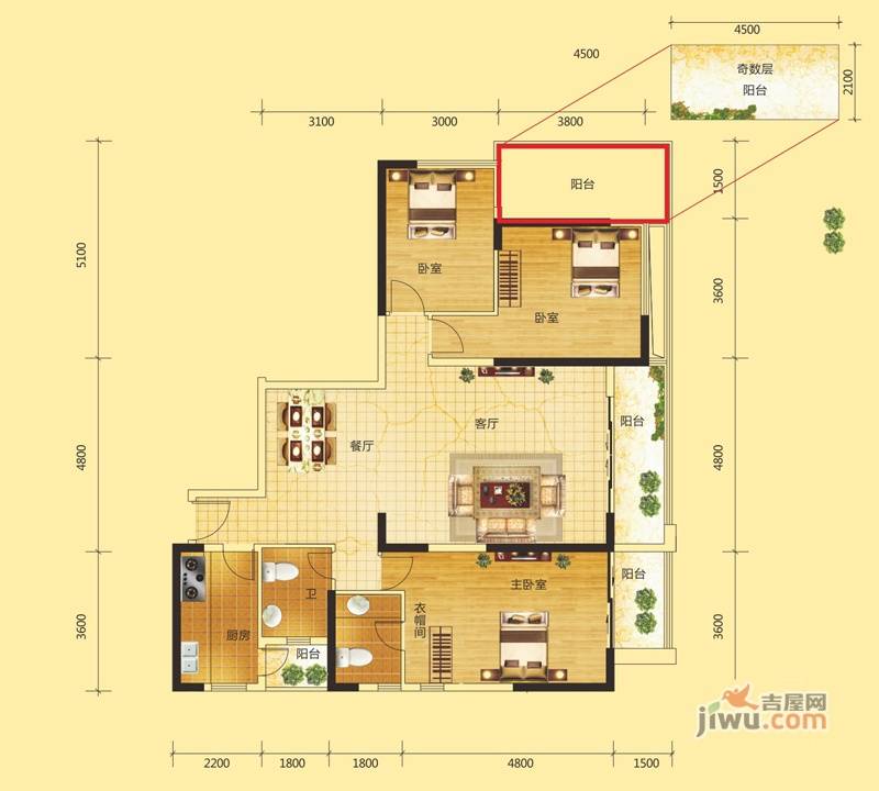 府河名居3室2厅2卫143.2㎡户型图