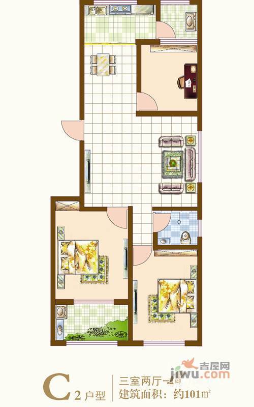 玉泉新城3室2厅1卫101㎡户型图