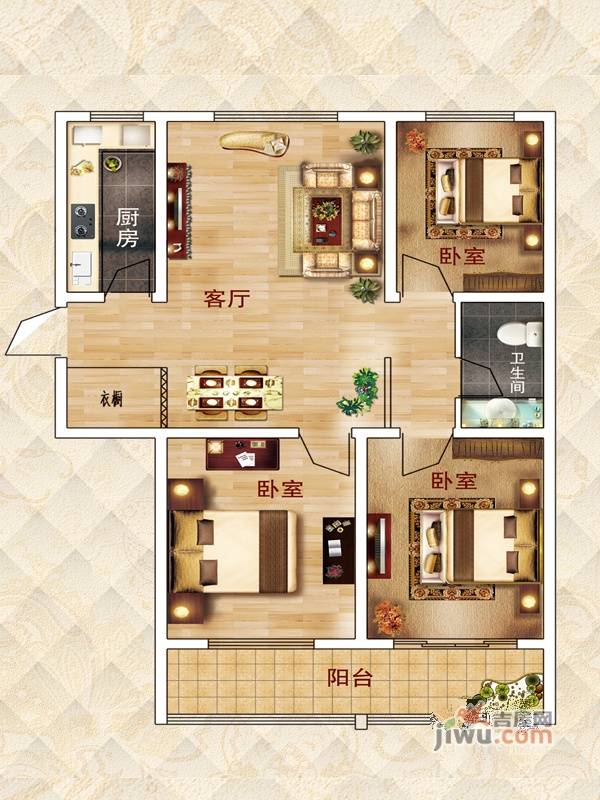 庆鹏国际3室1厅1卫104.7㎡户型图