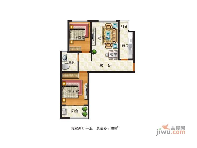 水韵华府2室2厅1卫91㎡户型图