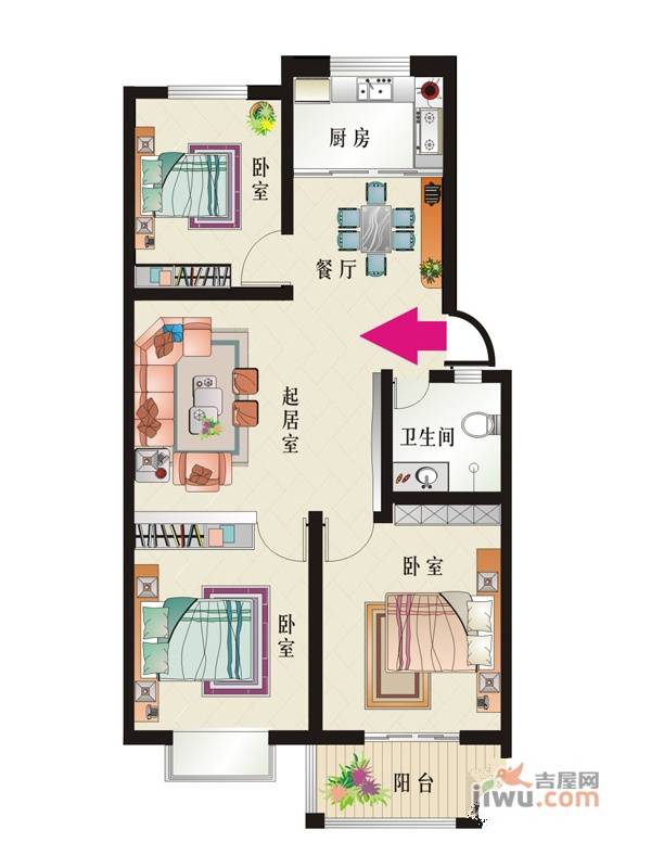 四方幸福里3室2厅1卫99.1㎡户型图