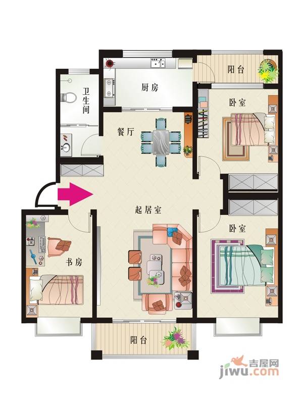 四方幸福里3室2厅1卫128.6㎡户型图