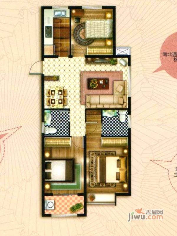 和扬万悦城3室2厅2卫112.4㎡户型图