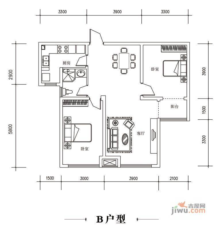 翰林新城状元府2室2厅1卫96.5㎡户型图