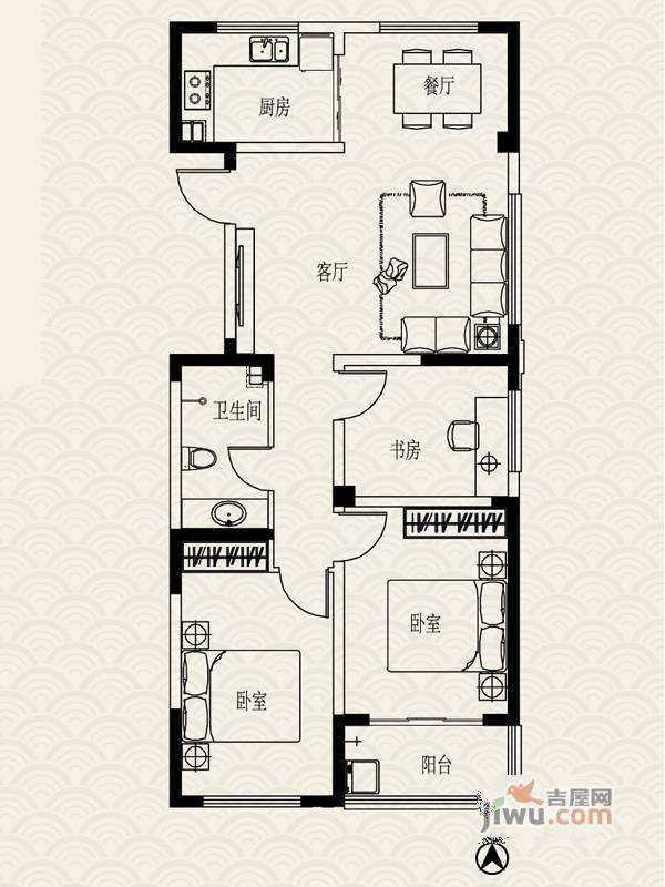 山水美地3室2厅1卫96.3㎡户型图