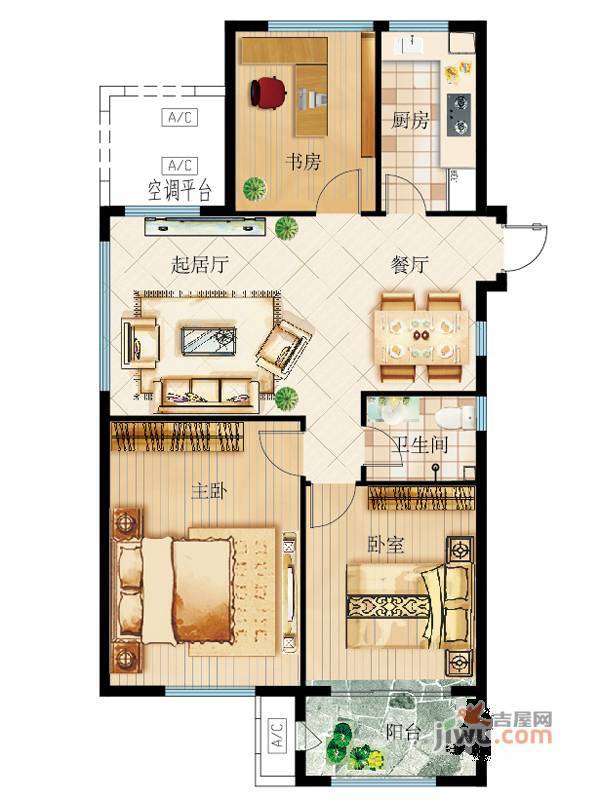 碧水蓝天3室2厅1卫122.6㎡户型图