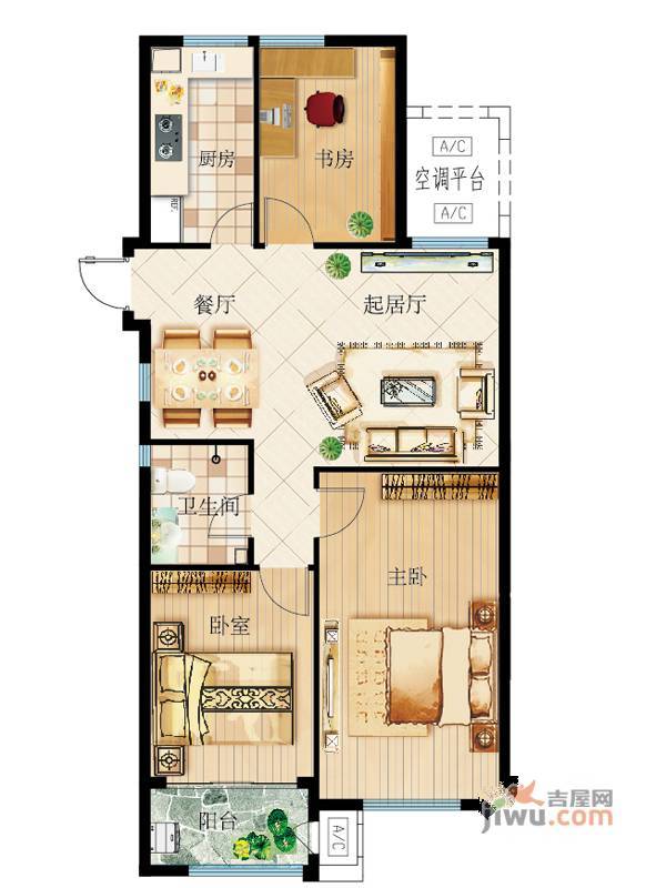 碧水蓝天3室2厅1卫127.4㎡户型图