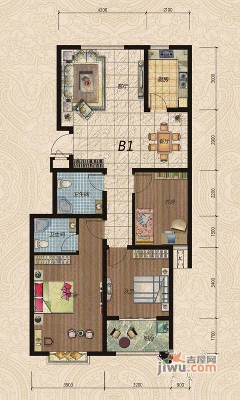 景圣湄河公寓3室2厅1卫119.7㎡户型图