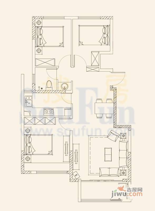 尚东新城邦二期3室2厅1卫99㎡户型图