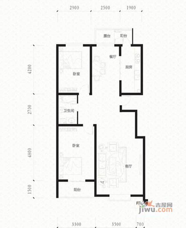 学府雅缘2室2厅1卫91.7㎡户型图