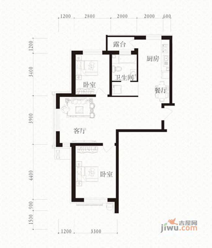 学府雅缘2室2厅1卫94.3㎡户型图