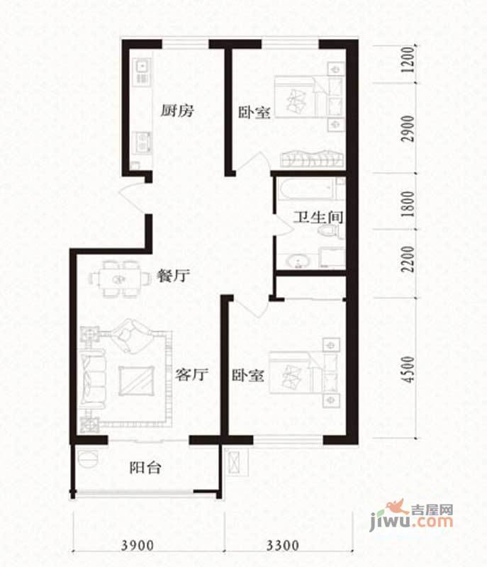 学府雅缘2室1厅1卫102.7㎡户型图