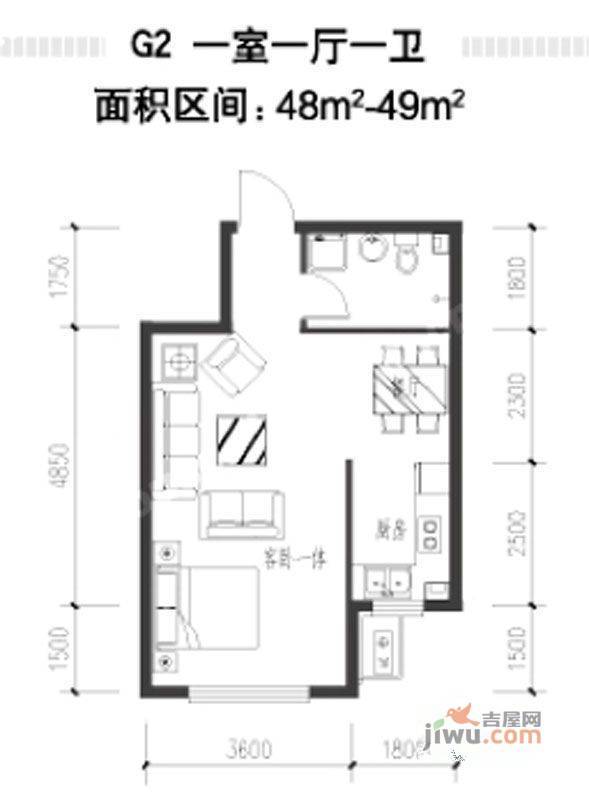 海韵星城1室1厅1卫48㎡户型图