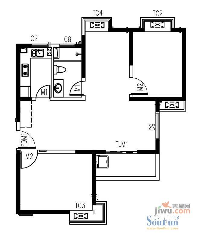 艺泰安邦2室2厅1卫91.4㎡户型图