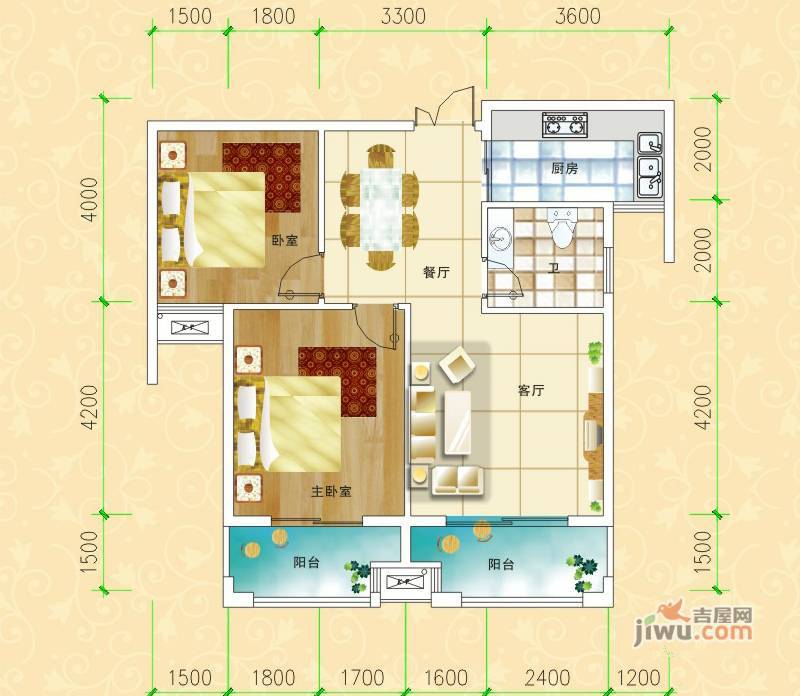 秀水蓝天2室2厅1卫89.3㎡户型图