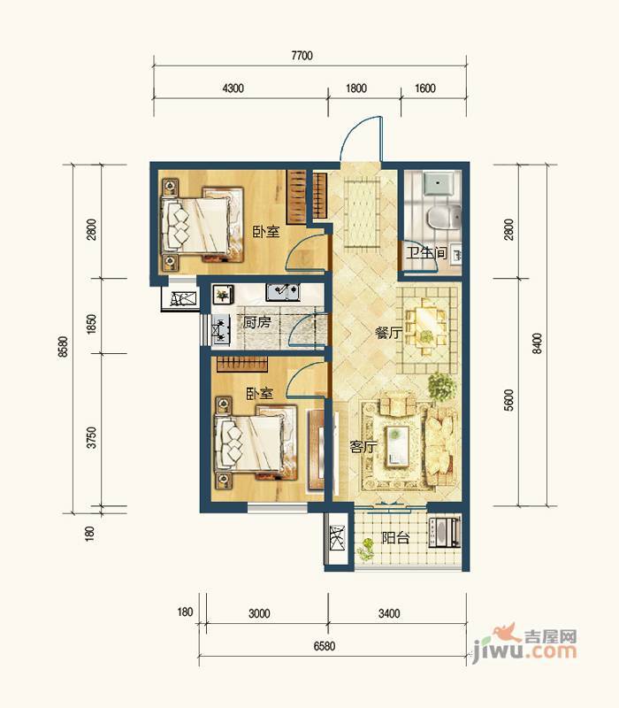 北斗星城东区·御府2室2厅1卫77.9㎡户型图