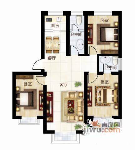 自然城3室2厅2卫131.4㎡户型图