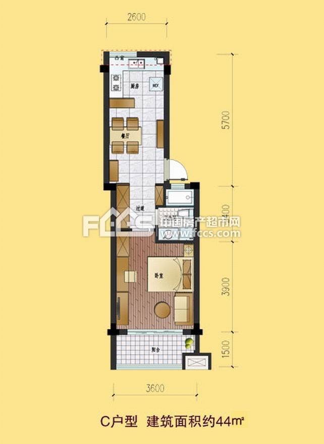 锦上公寓1室1厅1卫44㎡户型图