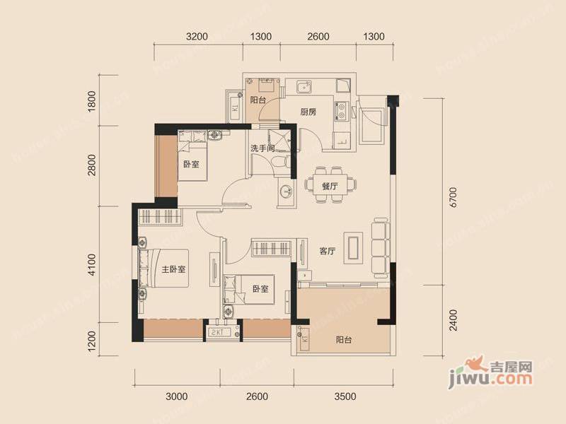 安鸿峰景苑3室2厅1卫87.4㎡户型图