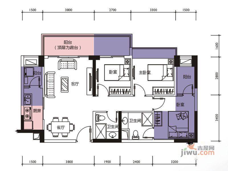 莱蒙水榭春天3室2厅2卫88㎡户型图