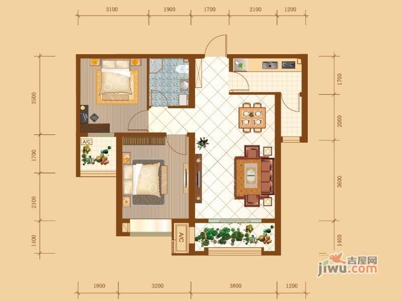 昆河壹号2室2厅1卫84.8㎡户型图