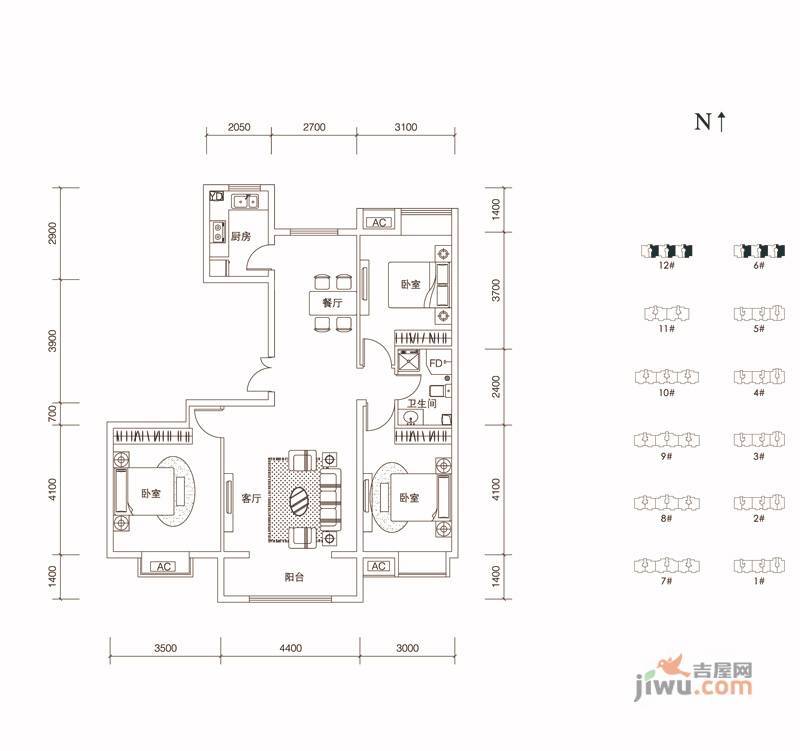 保利香槟湾3室2厅1卫117.6㎡户型图