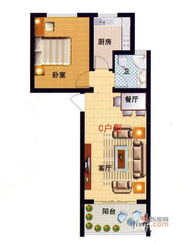 麒麟山庄1室1厅1卫62.3㎡户型图