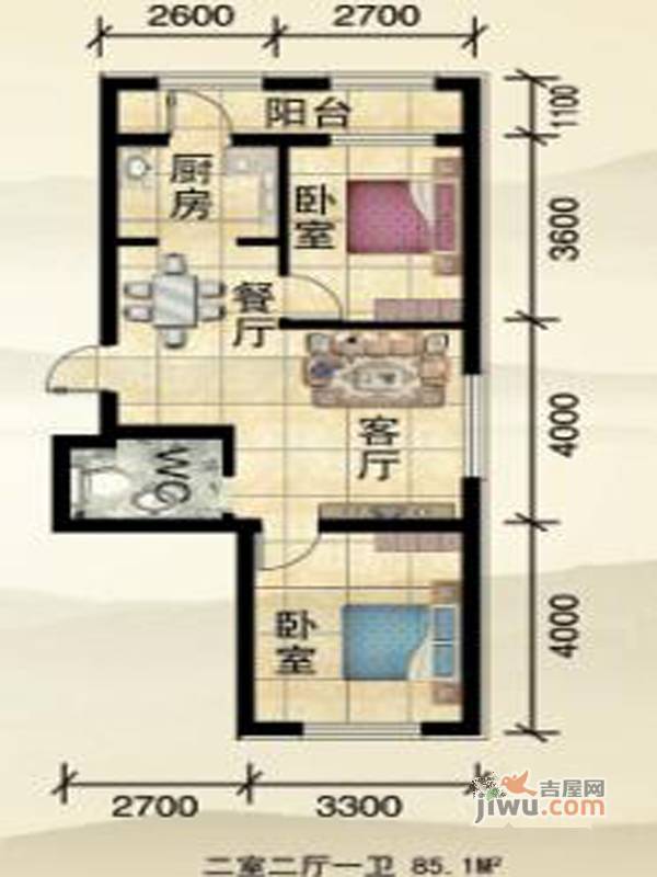 大江金悦城2室2厅1卫85.1㎡户型图