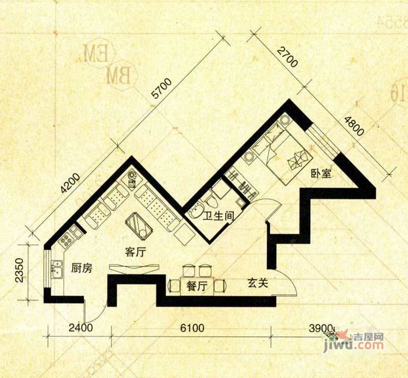 伯爵盛世纪1室2厅1卫65.4㎡户型图