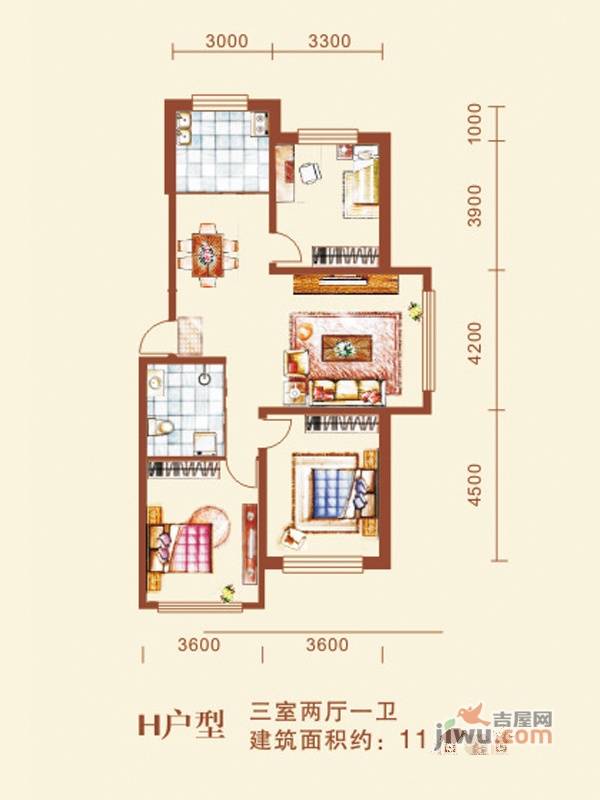 路弘阳光水岸3室2厅1卫113.5㎡户型图