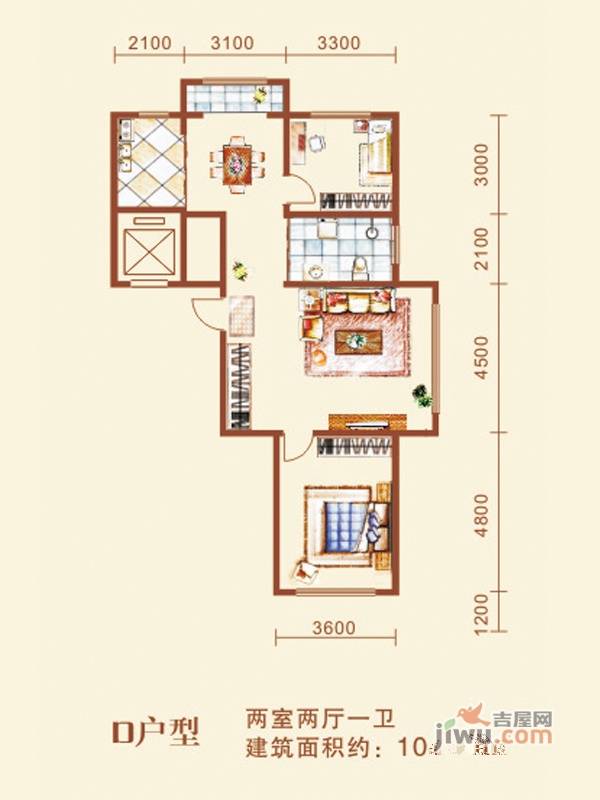 路弘阳光水岸2室2厅1卫104.4㎡户型图